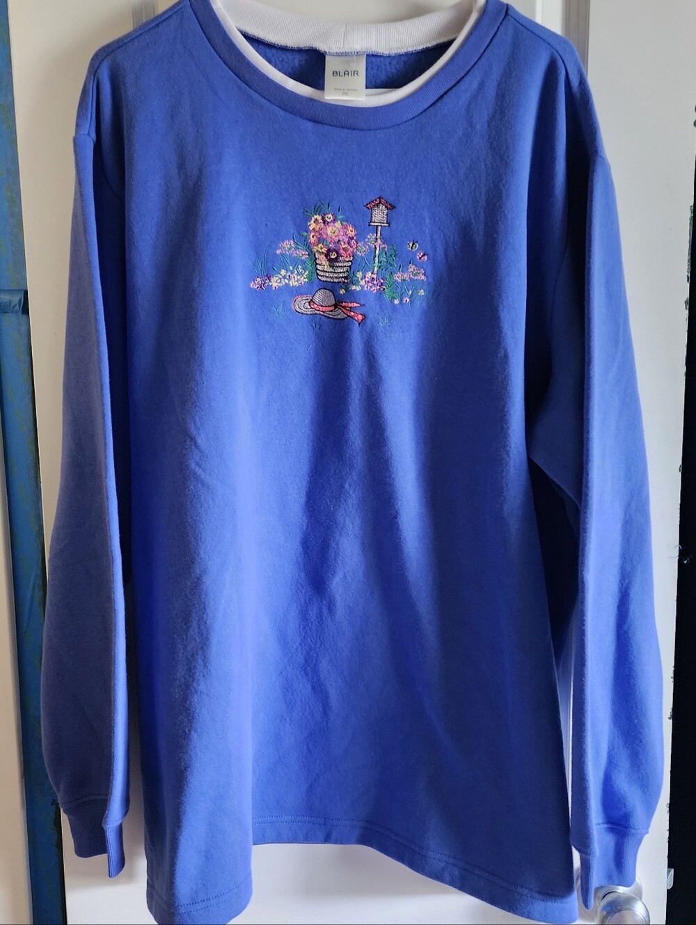 Vintage Blair Blue Crew With Embroidered Birdhouse Scene 2XL Cottagecore